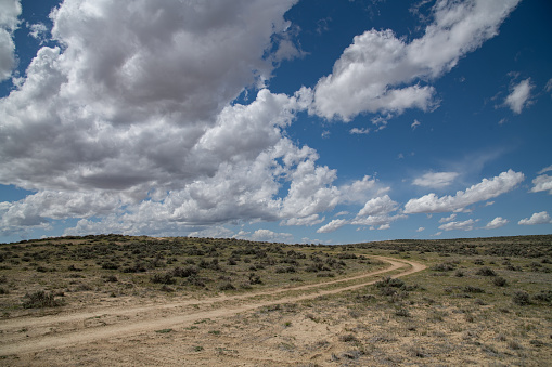 Wyoming prairie ranch trail with 2 wheel ruts and beautiful clouds near Cody, Wyoming in western USA.