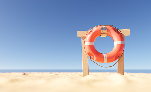 3D illustration of wooden rack with life saving buoy installed on sandy beach against sea and cloudless blue sky