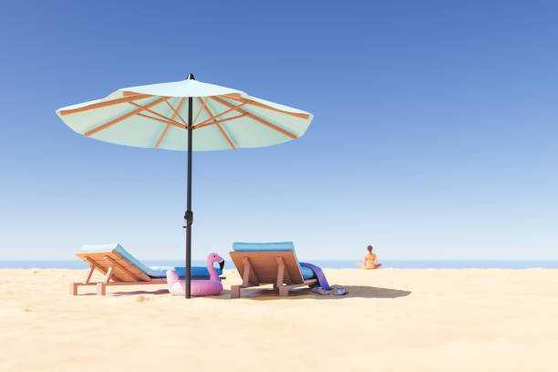 Pair of beach or pool loungers with umbrella and flip flops on yellow background.  Summer concept. 3D rendering.