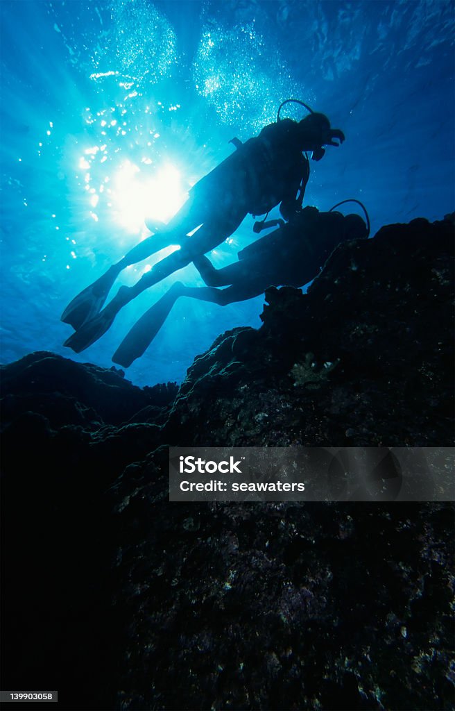 Diving the reef Scuba divers on a coral Reef Mauritius Stock Photo