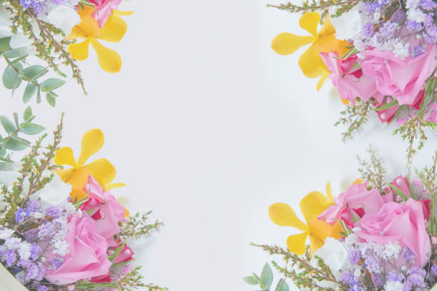 istock Beautiful and romantic bouquet on white background (rose, orchid, bellflower, gypsophila) 1399030722