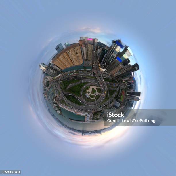 Wan Chai Causeway Bay Area In Tiny Planet Format At Hong Kong Stock Photo - Download Image Now
