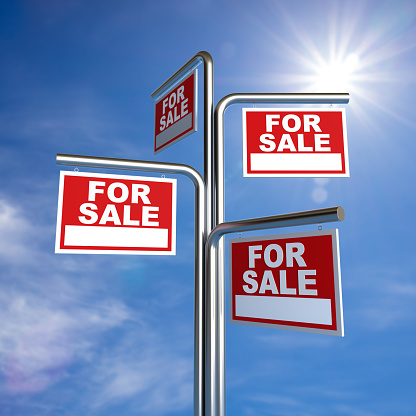 For Sale Real Estate Signs over Clouds and Blue Sky with Sun Rays. 3d Rendering
