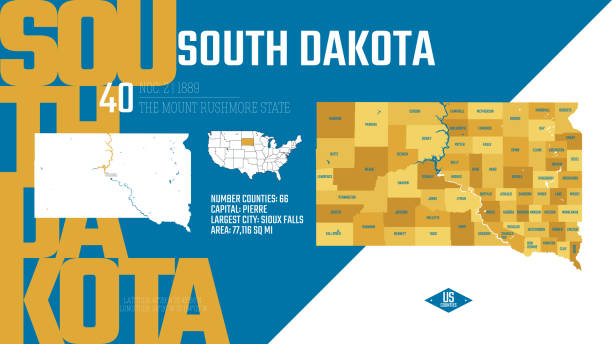 40 из 50 штатов сша, разделенных на округа с территориальными прозвищами, подробный вектор карта южной дакоты с названием и датой, принятой в � - south dakota map pierre cartography stock illustrations