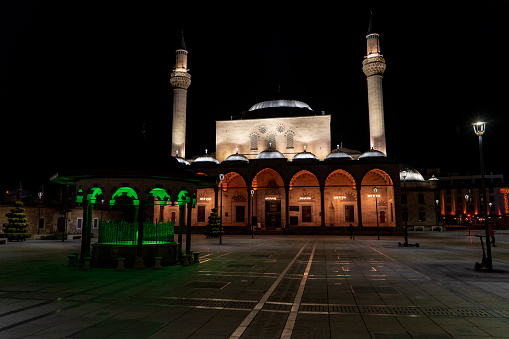 Konya, Turkey, May 12, 2022: Selimiye Mosque in Konya, Turkey at night.