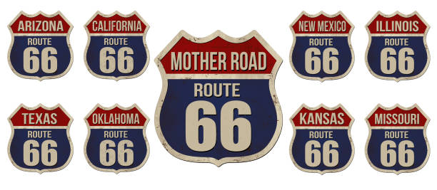 ilustraciones, imágenes clip art, dibujos animados e iconos de stock de conjunto de letreros de metal oxidado vintage de la ruta 66 de la carretera americana - state highway