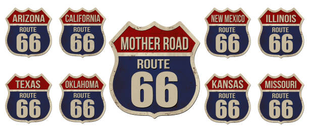 zestaw route 66 american highway vintage rusty metal signs - route 66 thoroughfare sign number 66 stock illustrations