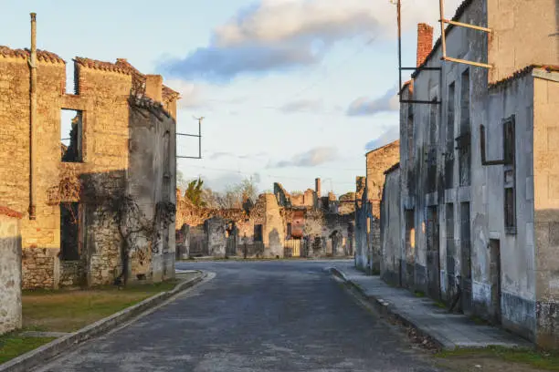Destroyed buildings during World War 2 in Oradour sur Glane France