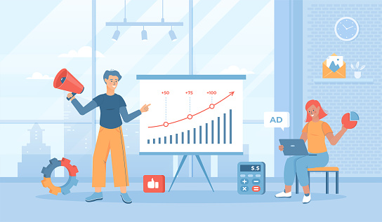 Performance marketing. Advertising campaign, Promotion strategy. Business analysis for attracting customers and sales. Flat cartoon vector illustration with people characters for banner, website