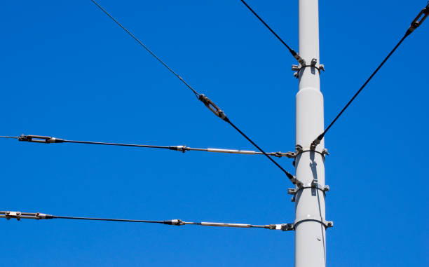 Overhead cables and mast on the railway.