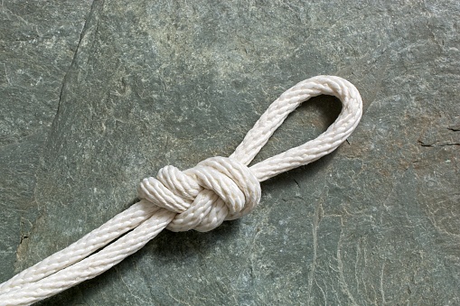 Figure eight on a bight knotted loop in white braided rope set on a rock face. Top down view