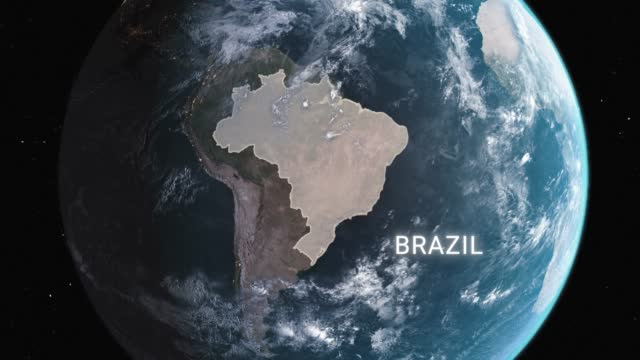 Brazil map highlighted with border and country name, zooming in from the space through a 4K photo real animated globe, with a panoramic view consisting of Africa, West Europe and USA. Realistic epic spinning world animation, Planet Earth, Sea, Clouds,
