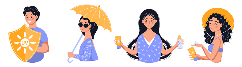 People UV protection for skin. Using umbrella, sunscreen lotion, sunglasses, sun hat. Set of vector flat illustration.