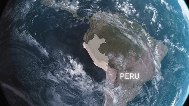 Peru map highlighted with border and country name, zooming in from the space through a 4K photo real animated globe, with a panoramic view consisting of Africa, West Europe and USA. Realistic epic spinning world animation, Planet Earth, Sea, Clouds,