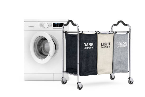 istock Empty Compartiments Laundry Clothing Separation Trolley Cart Room Service Tool and Equipment Near Modern White Washing Machine. 3d Rendering 1399046929