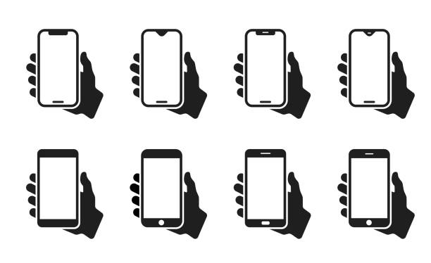 smartphone in hand icon set. hand holding phone symbol. mobile phone. isolated. editable stroke. vector illustration - iphone 幅插畫檔、美工圖案、卡通及圖標