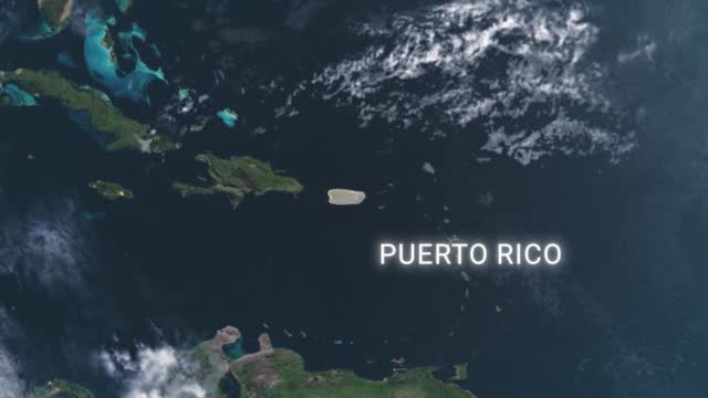 Puerto Rico map highlighted with border and country name, zooming in from the space through a 4K photo real animated globe, with a panoramic view consisting of Africa, West Europe and USA. Realistic epic spinning world animation, Planet Earth, Sea, Clouds