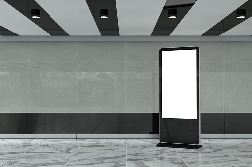 Blank Trade Show LCD Screen Display Stand as Template for Your Design in Subway Station extreme closeup. 3d Rendering