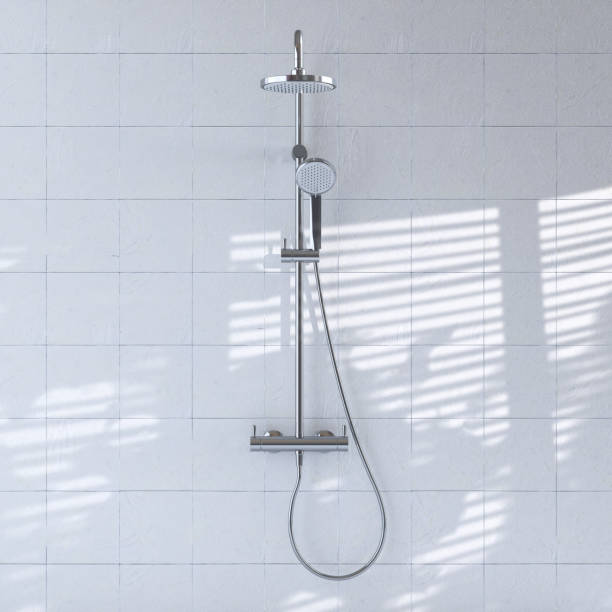 istock Modern Bathing Metallic Chrome Shower Wall System with Faucet. 3d Rendering 1399048484