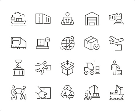 Logistics icons set #14

Specification: 20 icons, 64×64 pх, EDITABLE stroke weight! Current stroke 2 px.

Features: Pixel Perfect, Unicolor, Editable weight thin line.

First row of  icons contains:
Shipping, Container, Delivery Person, Warehouse, Cargo Train;

Second row contains: 
Truck, Weight Scales, Global Transportation, Checked Box, Delivery by Plane;

Third row contains: 
Cargo Container, Fast Delivery, Unpackaging, Forklift, Delivery Man; 

Fourth row contains: 
Carrying Box Container, Delivering Package, Recycling, Ship Unloading, Dock Crane (Shipment).

Check out the complete Prolinico collection — https://www.istockphoto.com/collaboration/boards/m2yevS1B7EWOAAxLZcvJhQ