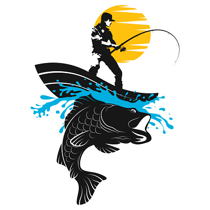 Fisherman with a fishing rod in a boat. Catching a big fish. Silhouette for fishing and hobby