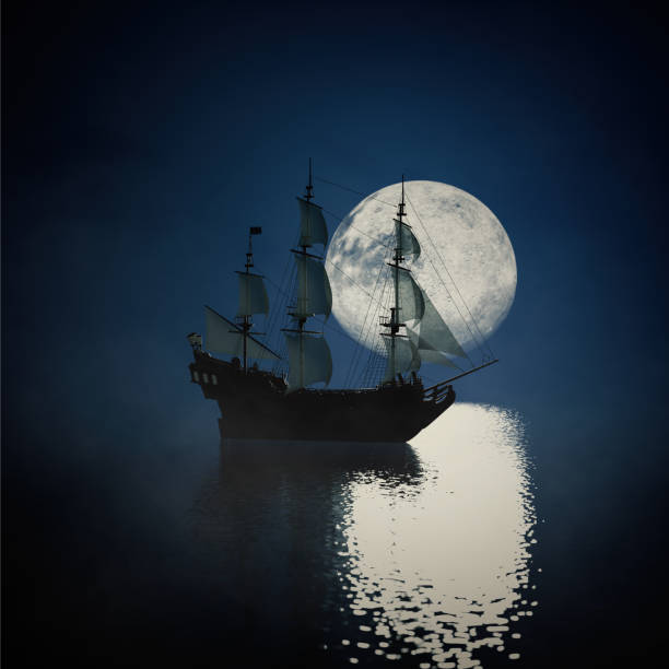 istock Old Pirate Ship Sea Full Moon Sea. 3d Rendering 1399050326