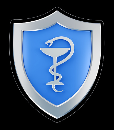 A symbol of the Hygieia Bowl in the center of a metallic shield, which are isolated on black background. 3D rendering graphics on the theme of Health Insurance.