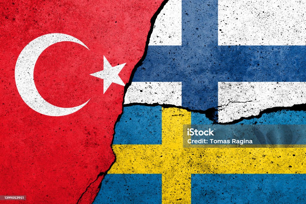 Turkey, Finland and Sweden flags painted on the concrete wall Türkiye - Country Stock Photo