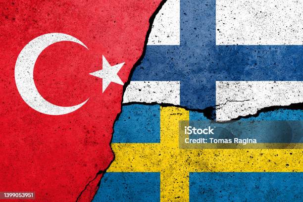 Turkey Finland And Sweden Flags Painted On The Concrete Wall Stock Photo - Download Image Now
