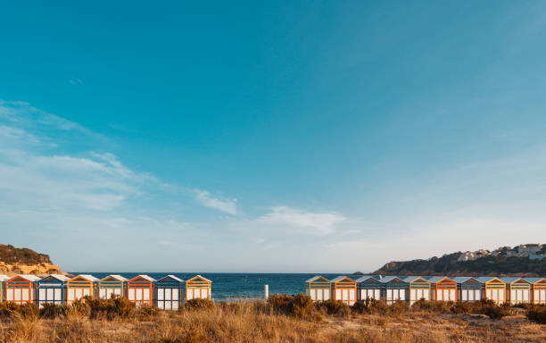 Famous beach huts in Sagaro with Playa de Sant Pol, Costa Brava. Spain. Mediterranean Sea stock photo