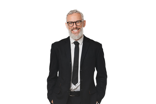 Rich successful caucasian mature middle-aged businessman ceo boss lawyer teacher wearing glasses and formal suit looking at camera isolated in white background