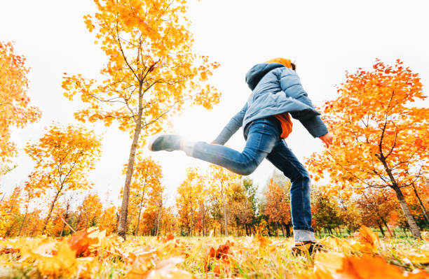 Fall. child running throu golden trees foliage with background of autumn trees landscape. maple leaves. Bright banner. copy space. Back to school or hello autumn. Wide angle. Candid