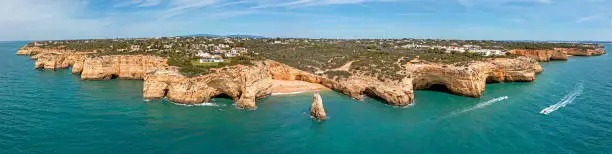 Aerial panorama from Praia do Carvalho near Benagil in the Algarve Portugal