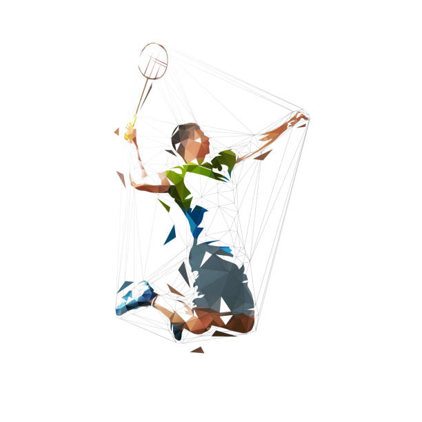 badminton-spieler, niedrige polygonale isolierte vektor-illustration, abstrakte geometrische zeichnung - federball stock-grafiken, -clipart, -cartoons und -symbole