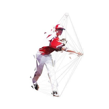Baseball player throwing ball, isolated vector silhouette. Ink drawing