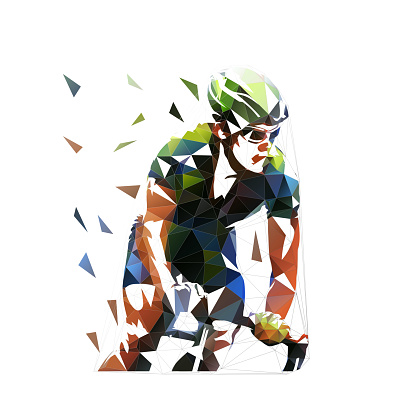 Cycling, low polygonal road cyclist, isolated vector illustration