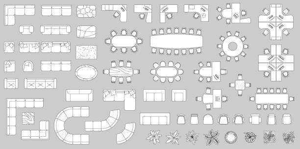 möbelelemente draufsicht für büroplan, haus, wohnung, arbeitsbereich. vektorsatz von objekten. sammlung der innenikone. kit mit tisch, stuhl, sofa, pflanze. symbol für innenarchitektur, projekt - grundriss stock-grafiken, -clipart, -cartoons und -symbole