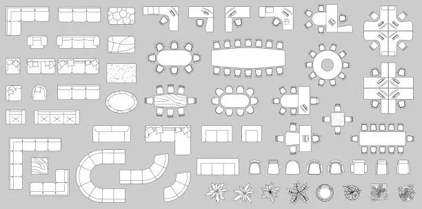 Vector illustration of Furniture elements top view for plan of office, house, apartment, workspace. Vector set of objects. Collection of Interior icon. Kit with Table, chair, sofa, plant. Symbol for interior design, project