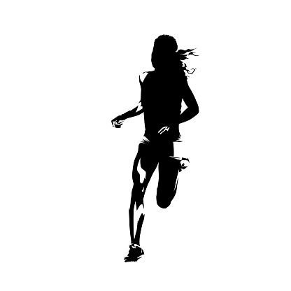 Running woman, isolated vector silhouette. Front view. Female runner