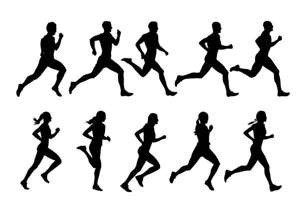 Running people, vector runners, group of isolated silhouettes, side view vector art illustration