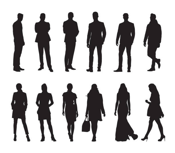 People, group of business men and women. Isolated vector silhouettes People, group of business men and women. Isolated vector silhouettes people silhouette standing casual stock illustrations