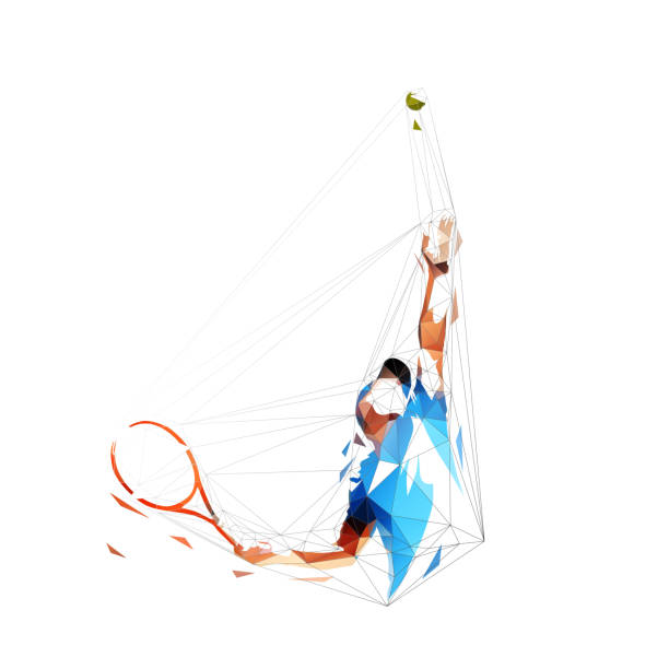 tennisspieler serviert ball, niedrige polygonale vektorillustration - tennis tennis ball serving racket stock-grafiken, -clipart, -cartoons und -symbole