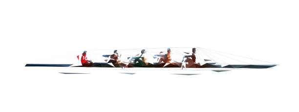 гребля, иллюстрация низкого полигонального вектора. геометрический водный спорт - rowing rowboat sport rowing oar stock illustrations