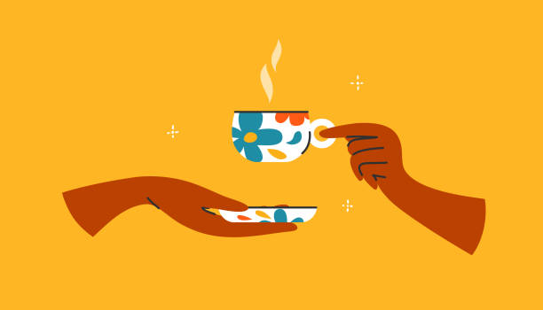 ilustraciones, imágenes clip art, dibujos animados e iconos de stock de ilustración vectorial aislada con manos humanas sosteniendo una taza de cerámica de bebida de té caliente o café - tea drink cup afternoon tea