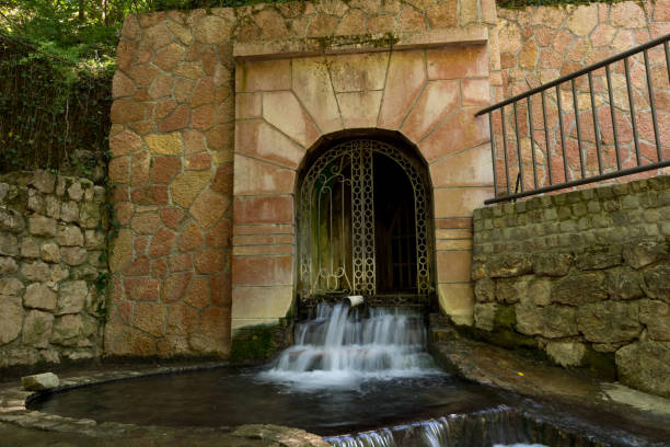 Hot water source in Niska Banja, Serbia on spring day. Water springs from the fenced tunnel of the fountain in the forest. Long exposition of water