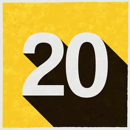 istock 20 - Number Twenty. Icon with long shadow on textured yellow background 1399063721