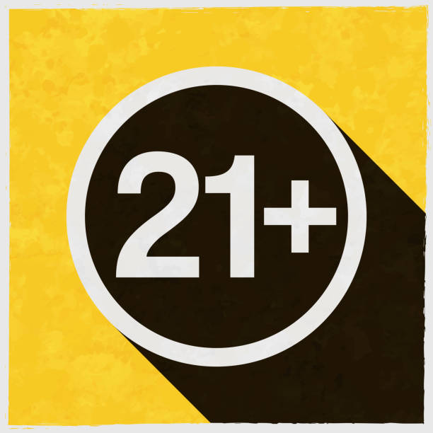 ilustrações, clipart, desenhos animados e ícones de 21+ vinte e um mais sinal - restrição etária. ícone com sombra longa no fundo amarelo texturizado - above 21