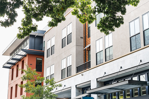 Exterior view of multifamily residential building; Mountain View, San Francisco bay area, California