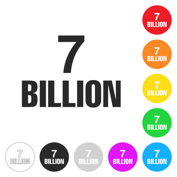 7 Billion. Icon on colorful buttons Icon of "7 Billion" isolated on white background. Includes 9 colorful buttons with a flat design style for your design (colors used: red, orange, yellow, green, blue, purple, gray, black, white, line art). Each icon is separated on its own layer. Vector Illustration with editable strokes or outlines (EPS file, well layered and grouped). Easy to edit, manipulate, resize or colorize. Vector and Jpeg file of different sizes. billions quantity stock illustrations
