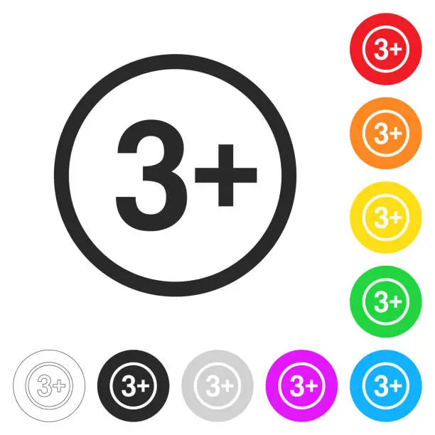 Vector illustration of 3+ Three plus sign - Age restriction. Icon on colorful buttons